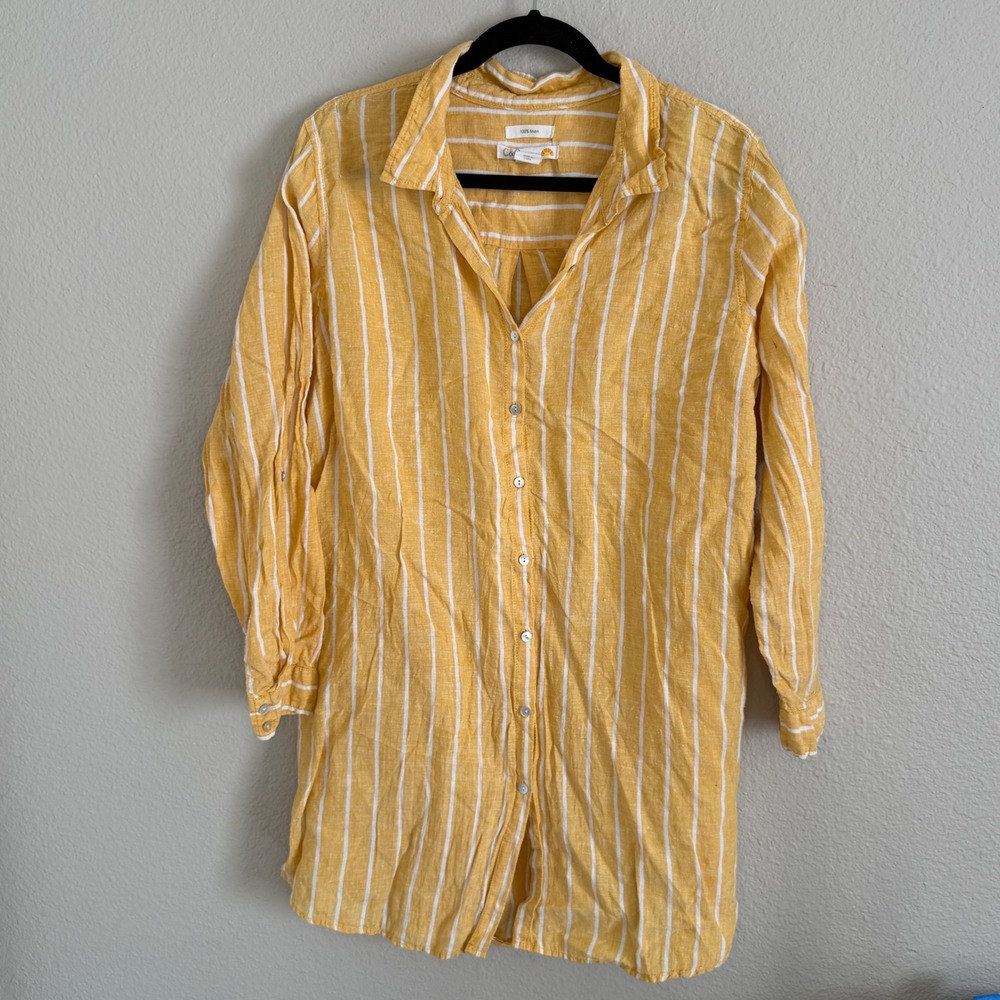 C&C California Womens 1X Yellow Linen Striped Tunic Top Beach Cover Up Coastal‎